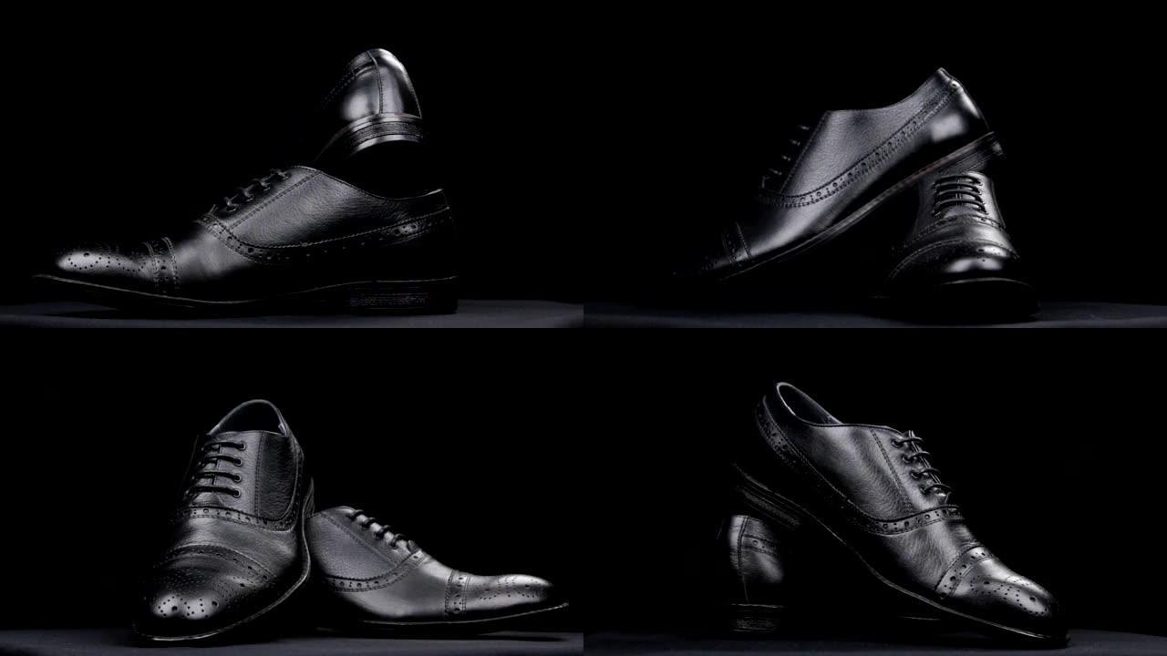 黑色背景上的一双经典鞋子的旋转。