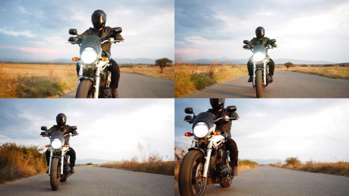 摩托车手骑着摩托车沿着乡村道路行驶
