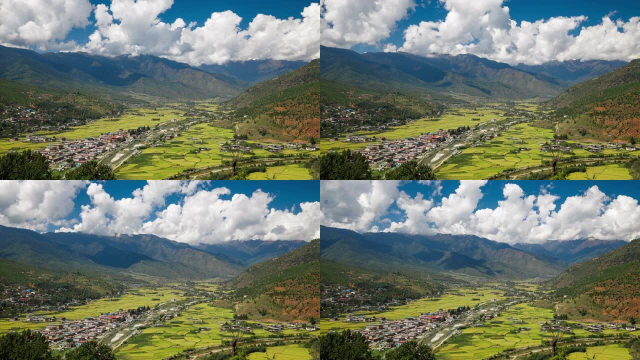 俯瞰不丹的帕罗市云层延时生态山脉自然景观