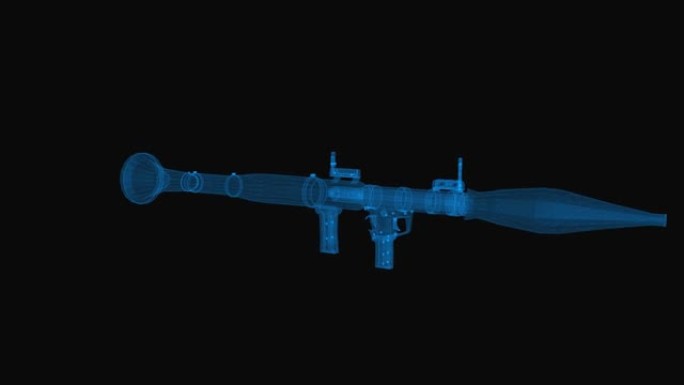 榴弹发射器线框图。3d渲染与蓝色网格线。循环旋转的黑色背景。
