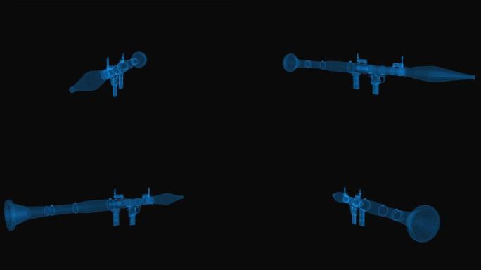 榴弹发射器线框图。3d渲染与蓝色网格线。循环旋转的黑色背景。