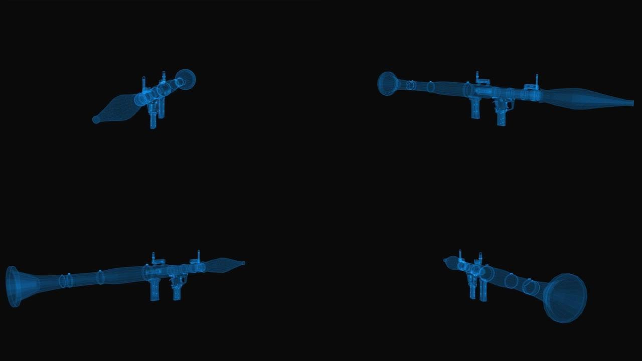 榴弹发射器线框图。3d渲染与蓝色网格线。循环旋转的黑色背景。