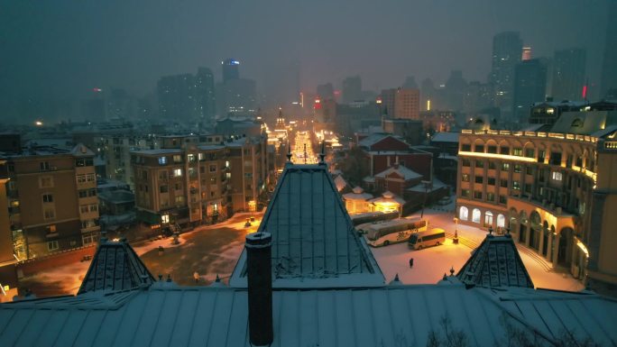 大连俄罗斯一条街夜间雪景航拍