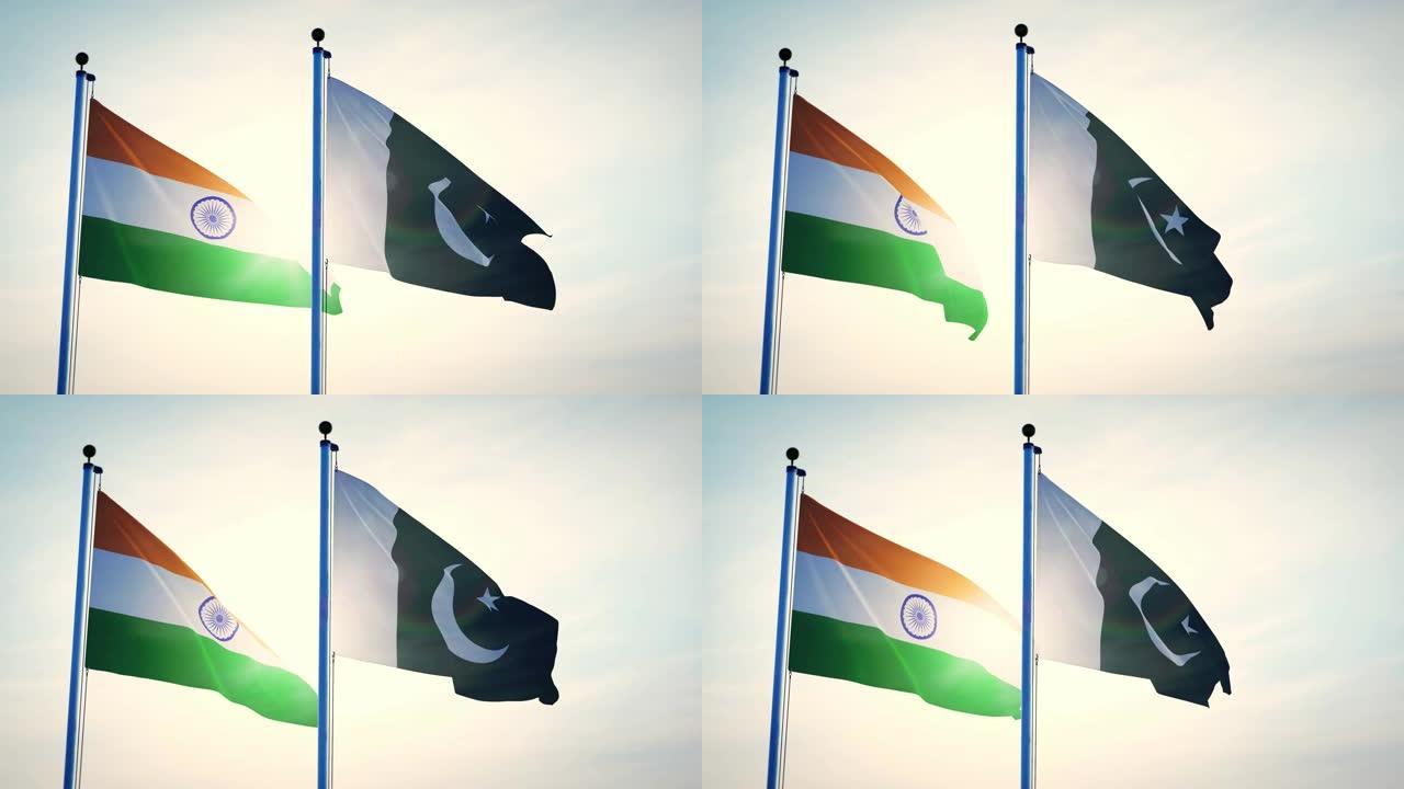 印度和巴基斯坦的旗帜显示了政府的侵略和分歧。