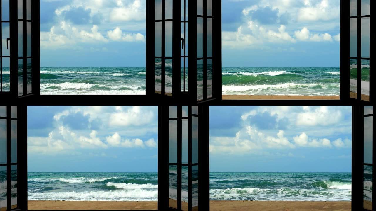 海景和海浪上酒店窗户的动画视图。周末旅行，水疗放松