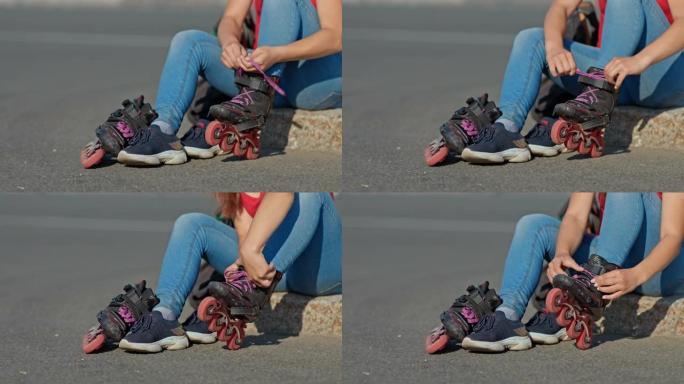 女人穿上旱冰鞋，系鞋带。女人要去溜旱冰了。特写。4k，10位，ProRes
