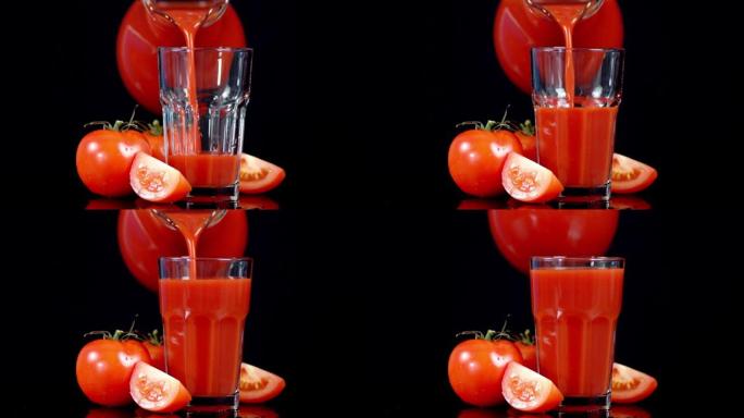 将新鲜西红柿的汁液倒入满杯中。