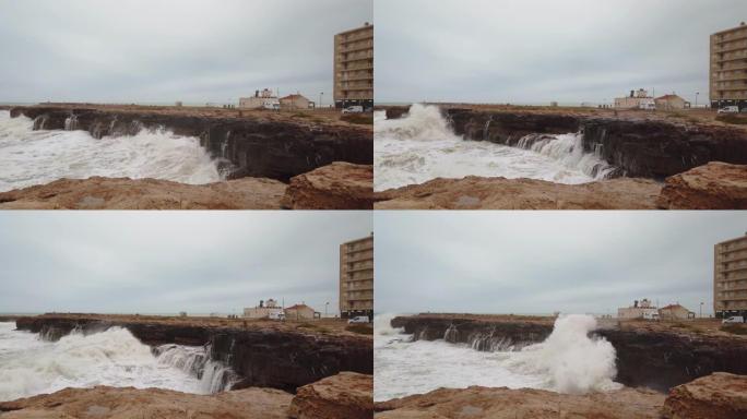 海浪猛烈撞击岩石的慢动作镜头