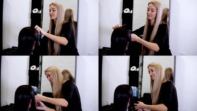 在美容院练习的高加索发型师梳理湿头发，以制作时尚的发型并改变客户的形象-棕色头发的女人。无法辨认的黑