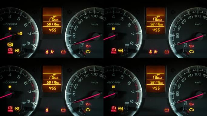 汽车中的仪表板在发动机打开的瞬间汽车仪表板的箭头-燃油箭头偏转，转速表箭头显示了转弯，发动机运行的灯