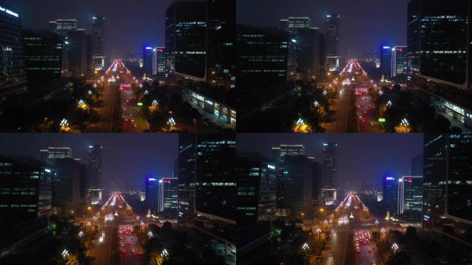 成都市夜光交通街金融区空中全景4k中国