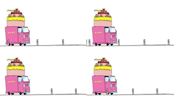 roo上有蛋糕的手绘粉红色卡车的动画