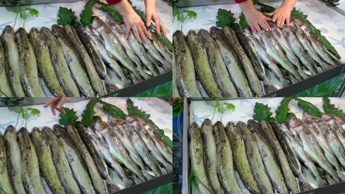 海鲜市场上的鲜鱼，市场上的传统鱼。海鲜街市场陈列柜中的新鲜海鱼。