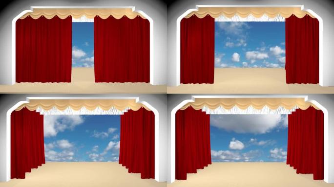 剧院的帷幕拉开了，背景中云的移动。3D渲染