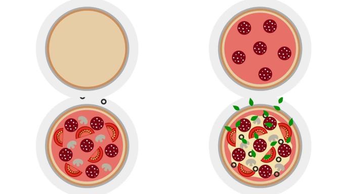 白底顶视图烹饪披萨动画的过程