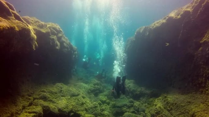 一群潜水员在大西洋火山起源底部水下。