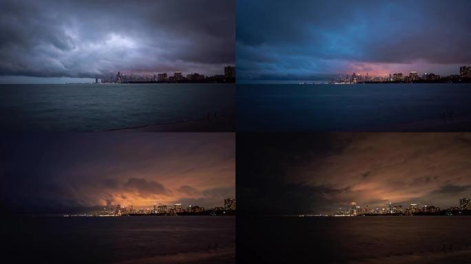 全景城市天际线视图芝加哥的时间流逝，随着白天变成黑夜，市区的灯光亮起，粉红色，紫色和蓝色的暴风云在密