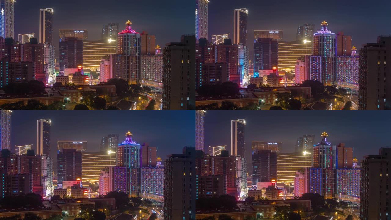 夜间照明澳门城市景观交通街屋顶全景4k延时中国