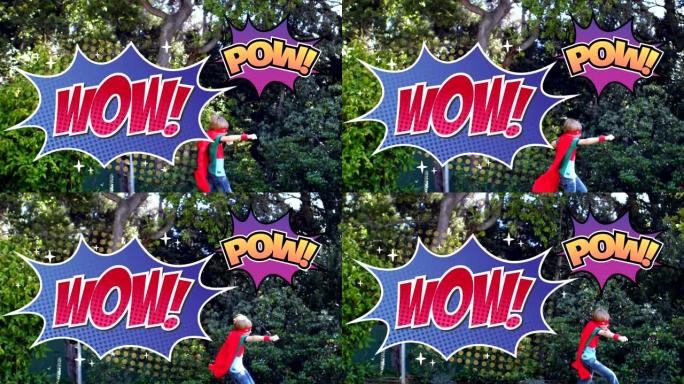 哇和Pow文本对抗男孩穿着超级英雄服装在花园里奔跑
