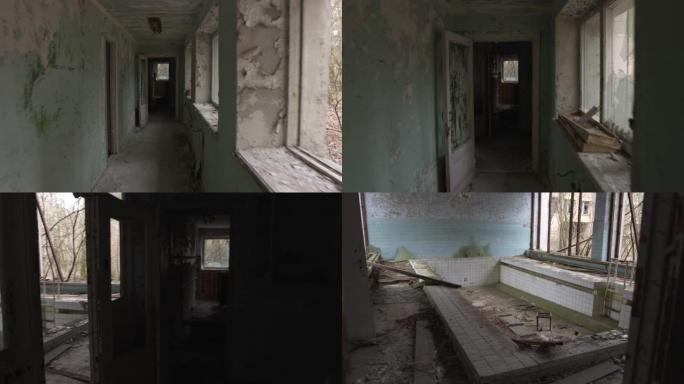 乌克兰切尔诺贝利地区的普里皮亚季镇。Steadicam向可怕的废弃建筑开枪。