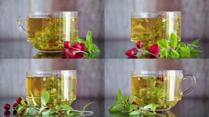 玻璃杯中来自各种夏季草药的天然热茶