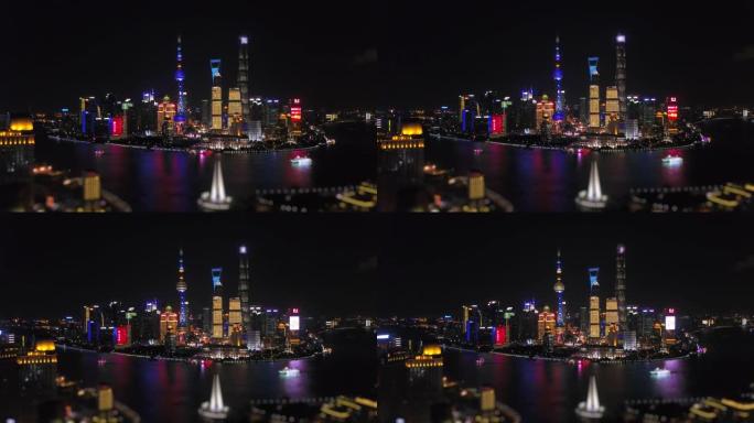 上海交通河夜景照明浦东湾市区航空全景4k倾斜移位中国