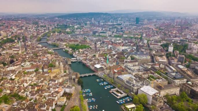 苏黎世中心城市景观河畔航空全景4k延时瑞士