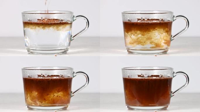 将冷冻干燥的速溶咖啡倒入热水中