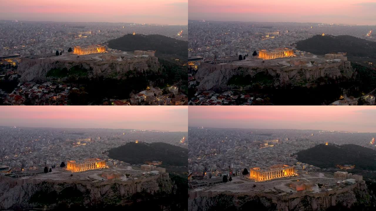 希腊雅典卫城的帕台农神庙照明全景
