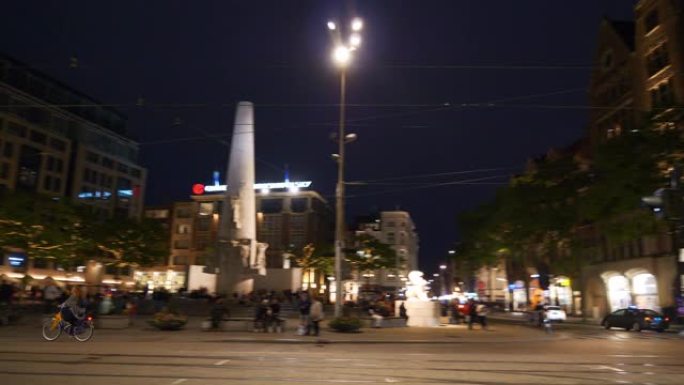 夜间阿姆斯特丹市中心交通街十字路口全景4k荷兰