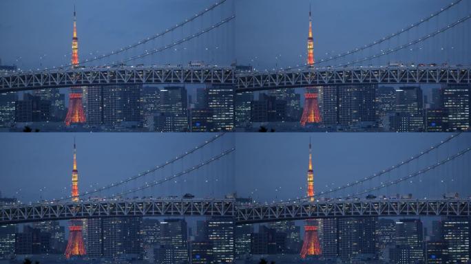 日本东京。2019年12月26日: 东京台场和东京塔的夜景