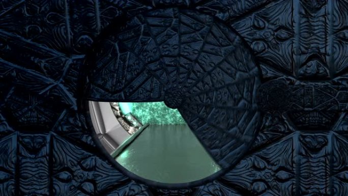 石头金属舱口打开飞船景观的全景。带门户的科幻走廊的3d抽象背景。未来技术摘要VJ为技术标题和背景。