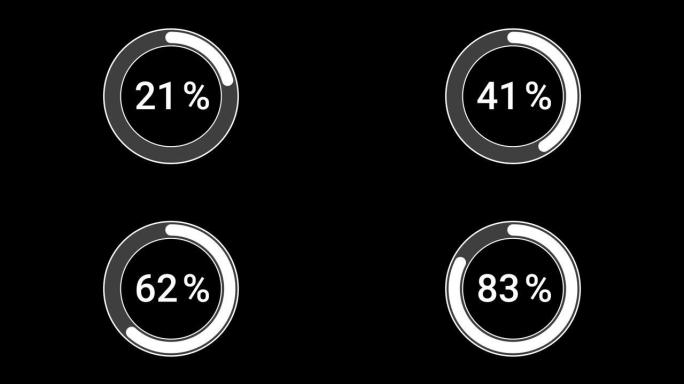 预加载器加载或下载。圆环条符号百分比1至100% 平面动画图标设计隔离在黑色背景上。图形运动平面布局