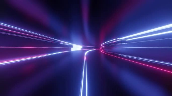 4k环形抽象高科技隧道带霓虹灯，相机飞过隧道，紫色霓虹灯闪烁。赛博朋克或高科技未来风格的科幻背景。未