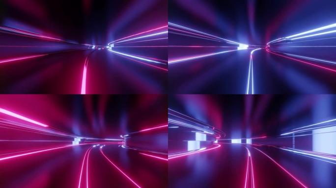 4k环形抽象高科技隧道带霓虹灯，相机飞过隧道，紫色霓虹灯闪烁。赛博朋克或高科技未来风格的科幻背景。未