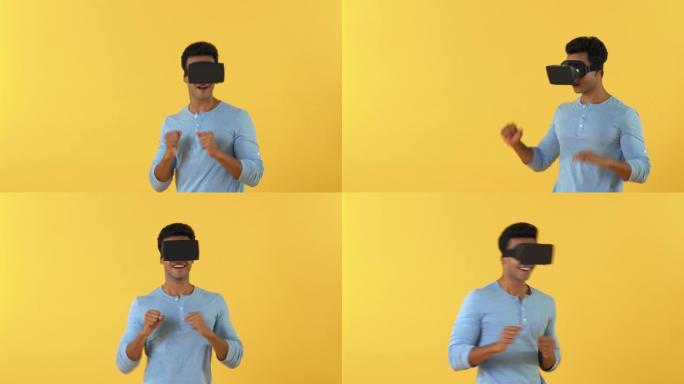 年轻的亚洲男子用3D VR眼镜玩格斗模拟游戏