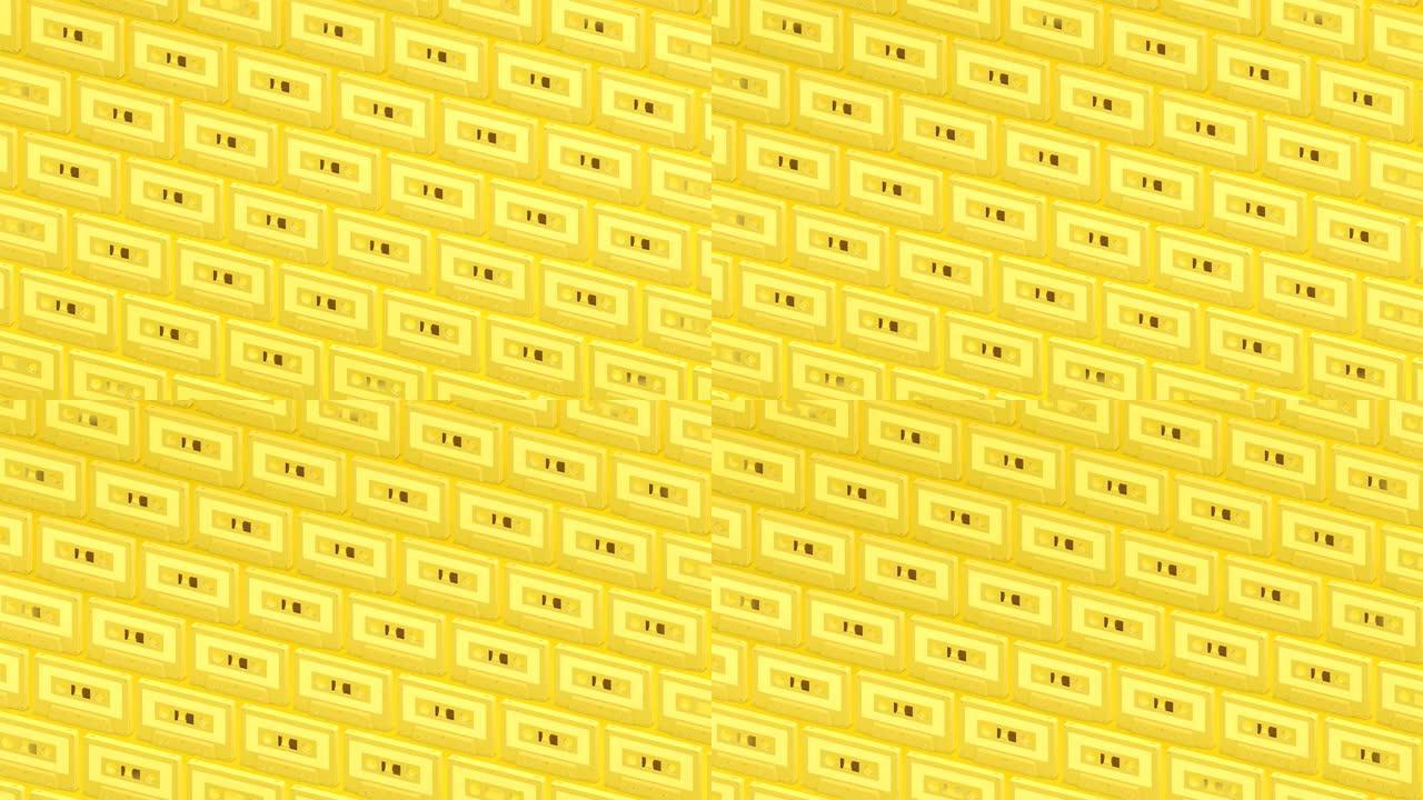 黄色背景上的许多黄色盒式磁带。背景3d动画。