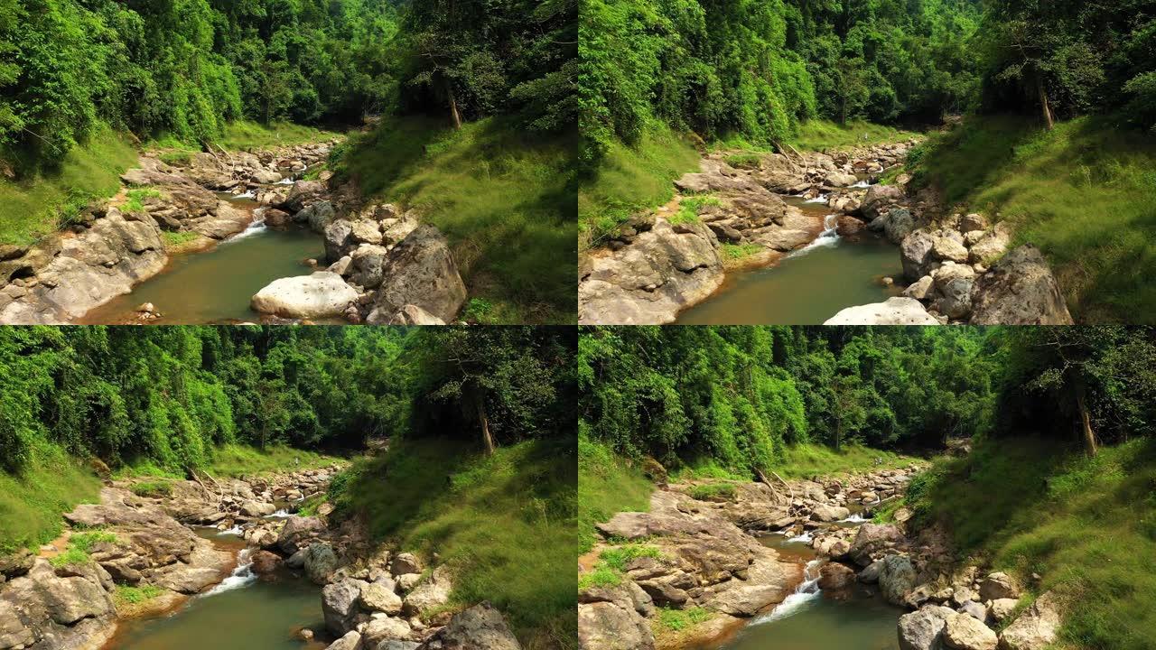 自然环境中雨林中山河的鸟瞰图。