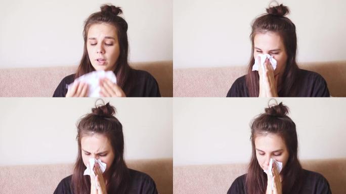 生病的年轻女子坐在家里流鼻涕。