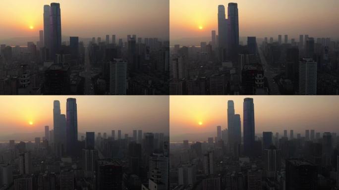 日落天空飞越长沙市市区交通街空中全景4k中国
