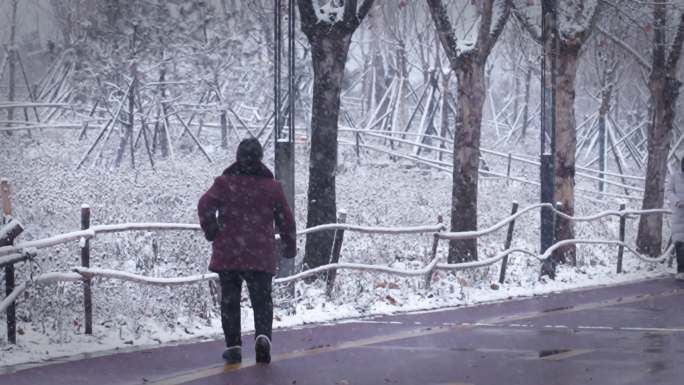 雪中行人 下雪积雪雪景 冬天冬季