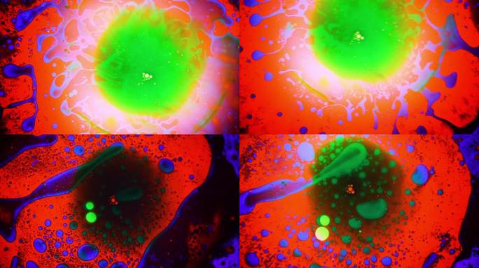 迷幻抽象液体光秀，水，油，油漆中的怪异墨水图案。有机旋流图案，染料爆炸，颜色万花筒。明亮的迷幻壁纸。