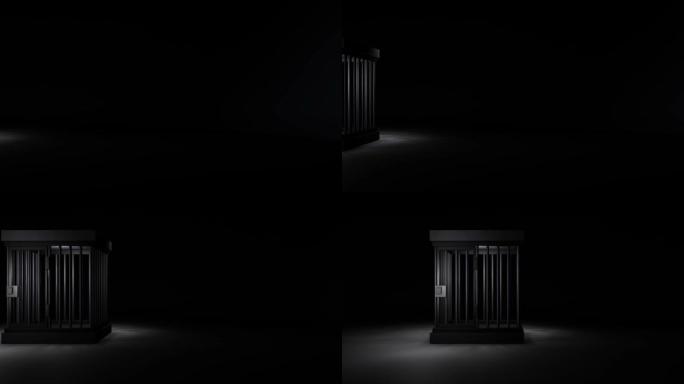 黑暗房间中央的监狱。犯罪和拘留的象征。3D渲染。