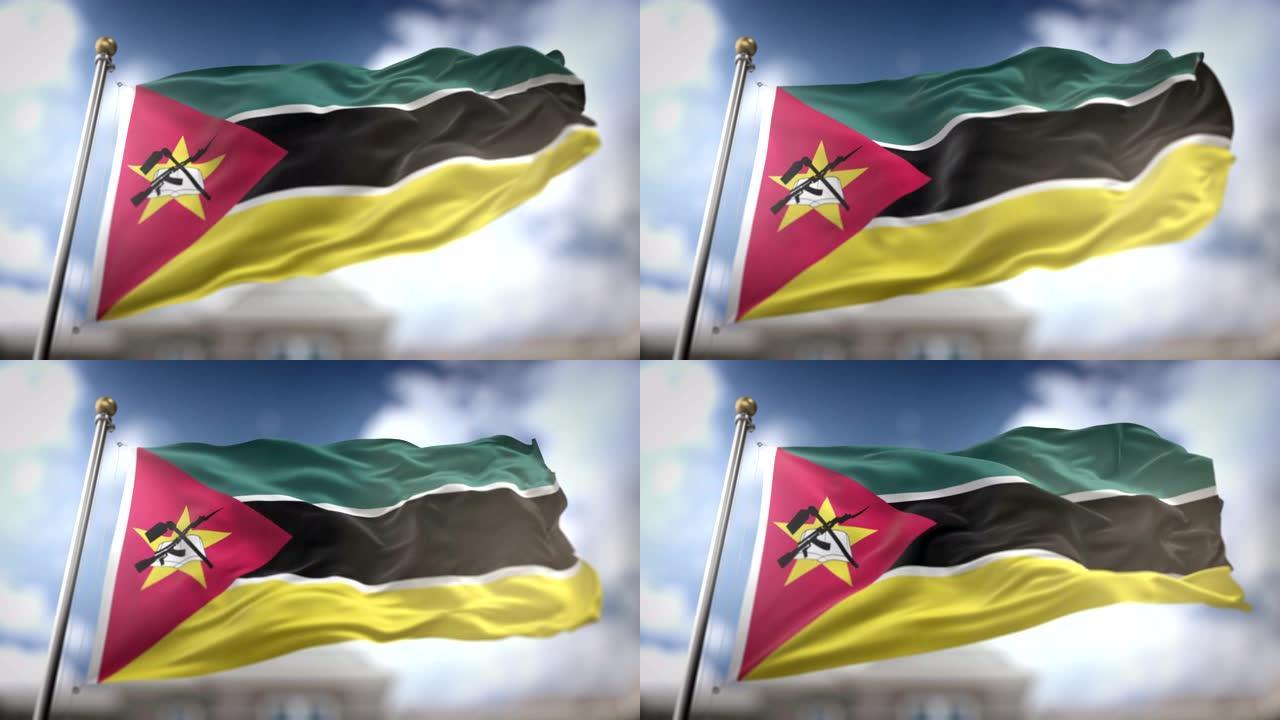 莫桑比克旗帜挥舞慢动作3D渲染蓝天背景-无缝循环4K