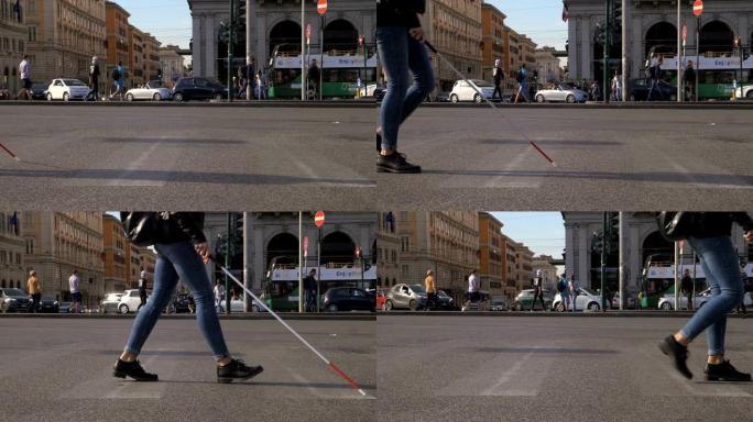 在城市里过马路的盲人妇女。失明,indipendence-slow运动