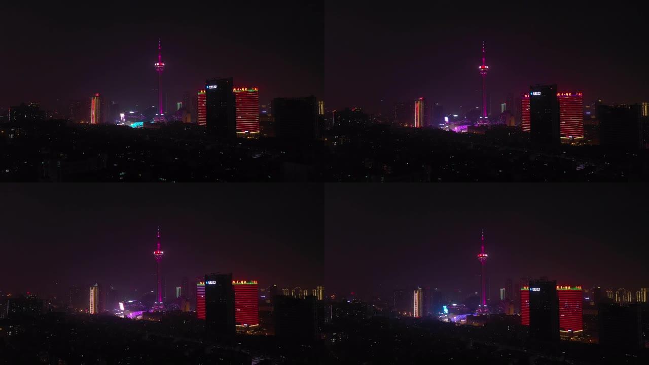 夜间照明成都市著名电视塔区空中全景4k中国