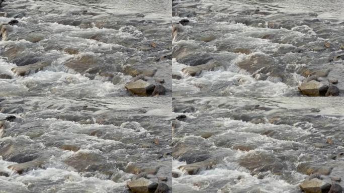 水在浅河的岩石上快速流动，在石头上形成白浪