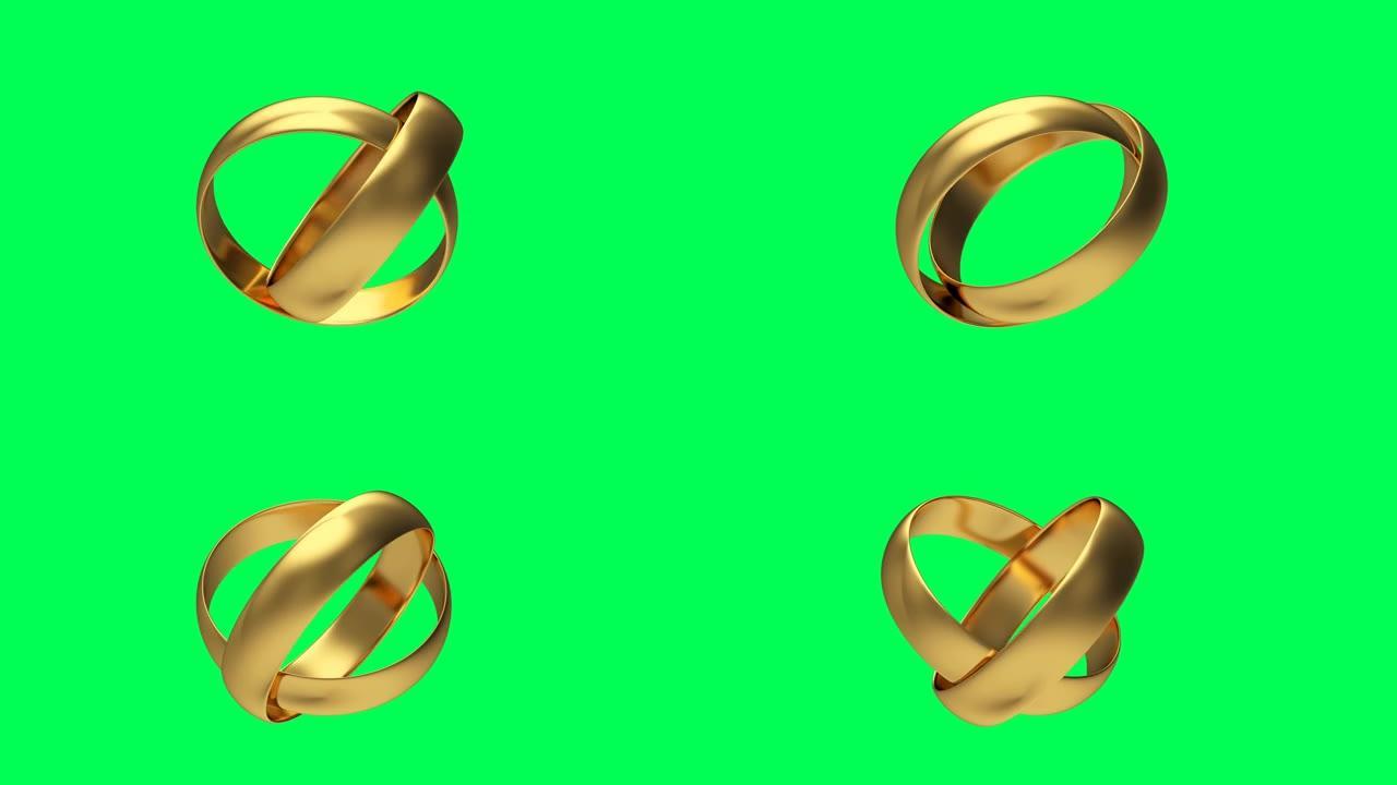 绿色屏幕上两个金戒指的3D动画。4K