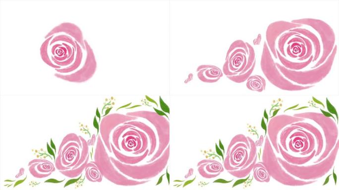 彩色牧草背景上复古粉红玫瑰花束的时间流逝，动画，水彩画