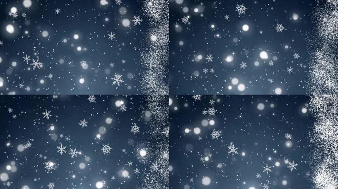 蓝色圣诞背景上的白色五彩纸屑、雪花和波克灯